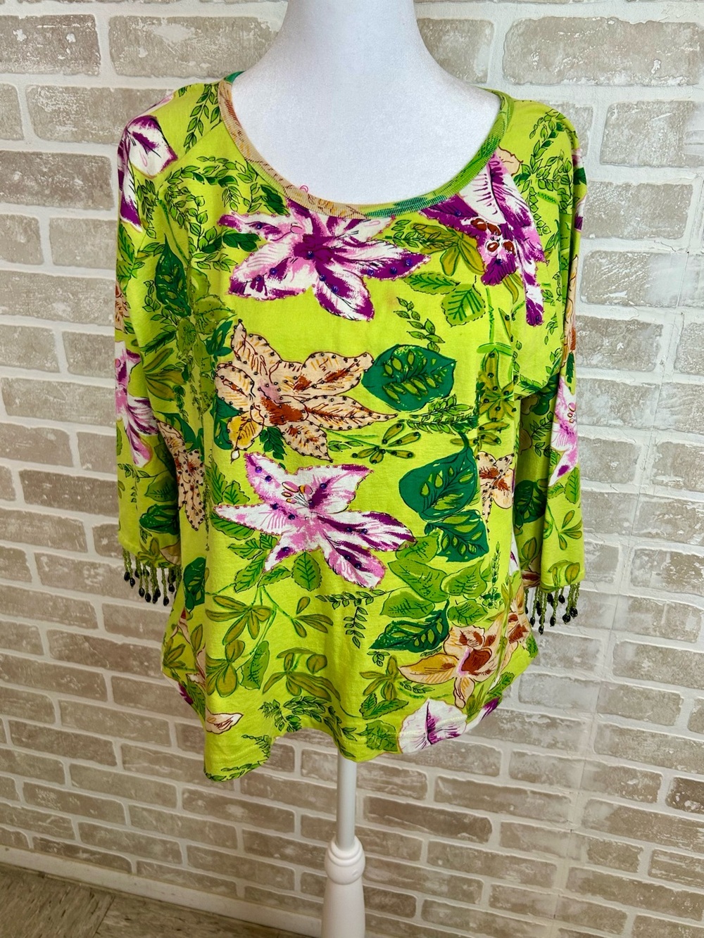 Kaktus Lime Green Floral Tunic with Pink and Cream Accents